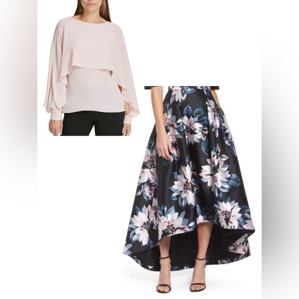 Eliza J Floral High Low Skirt + FREE DKNY Matching Pink Cape Top matching set